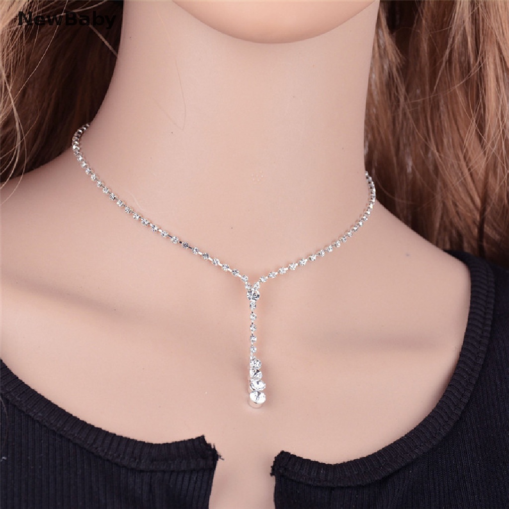 Newbaby 1 Set Kalung + Anting Tusuk Gantung Hias Kristal Berlian Imitasi Untuk Pengantin Wanita