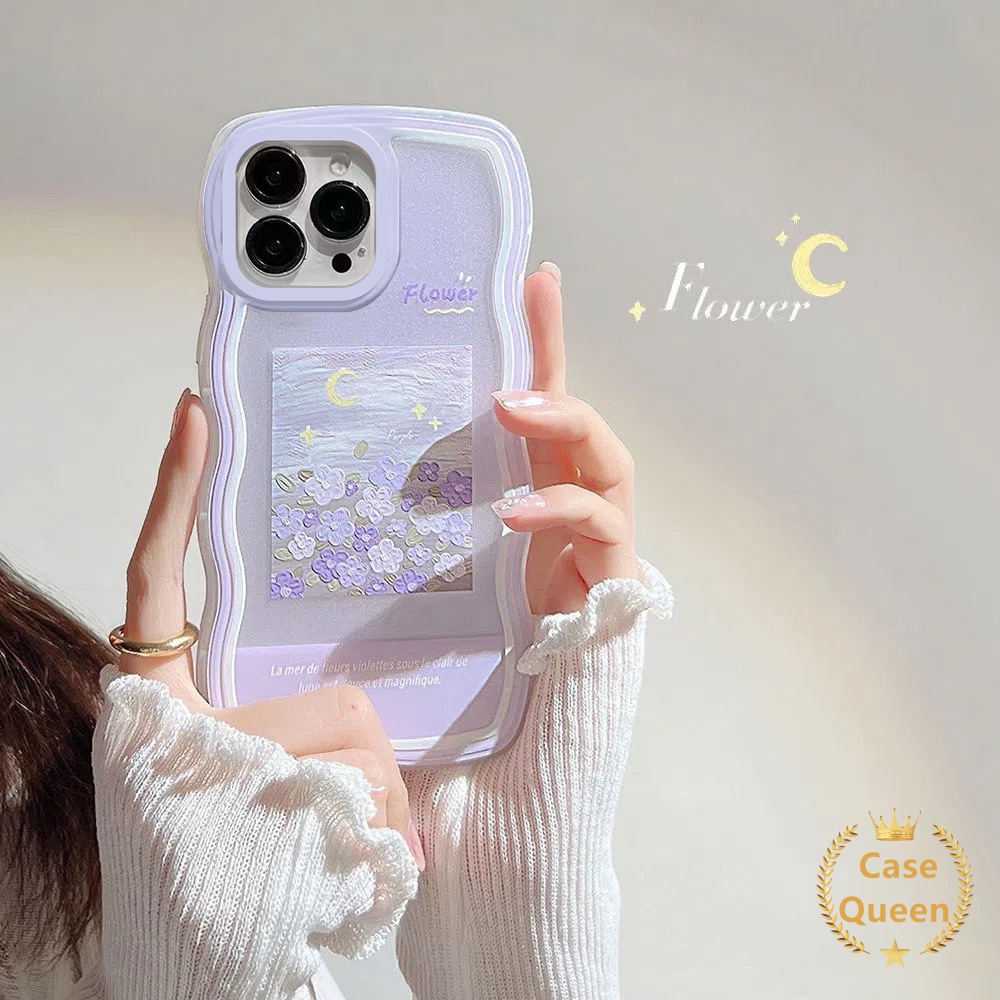 Fashion Lukisan Cat Minyak Ungu Bunga Case Oppo A17 A16 A15 A57 2022 A15s A12 A54 A7 A5s A16s A17K A53 A33 2020 A3s A11K A35 A32 A12e Wavy Edge TPU Soft Back Cover