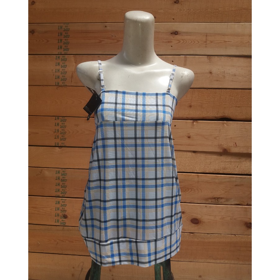 Tank Top Singlet Dalaman Blazer Motif Kotak Biru Wanita