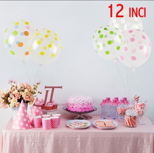 Balon Latex Polkadot Transparan 12 INCI (isi 5 Biji) Balon transparan