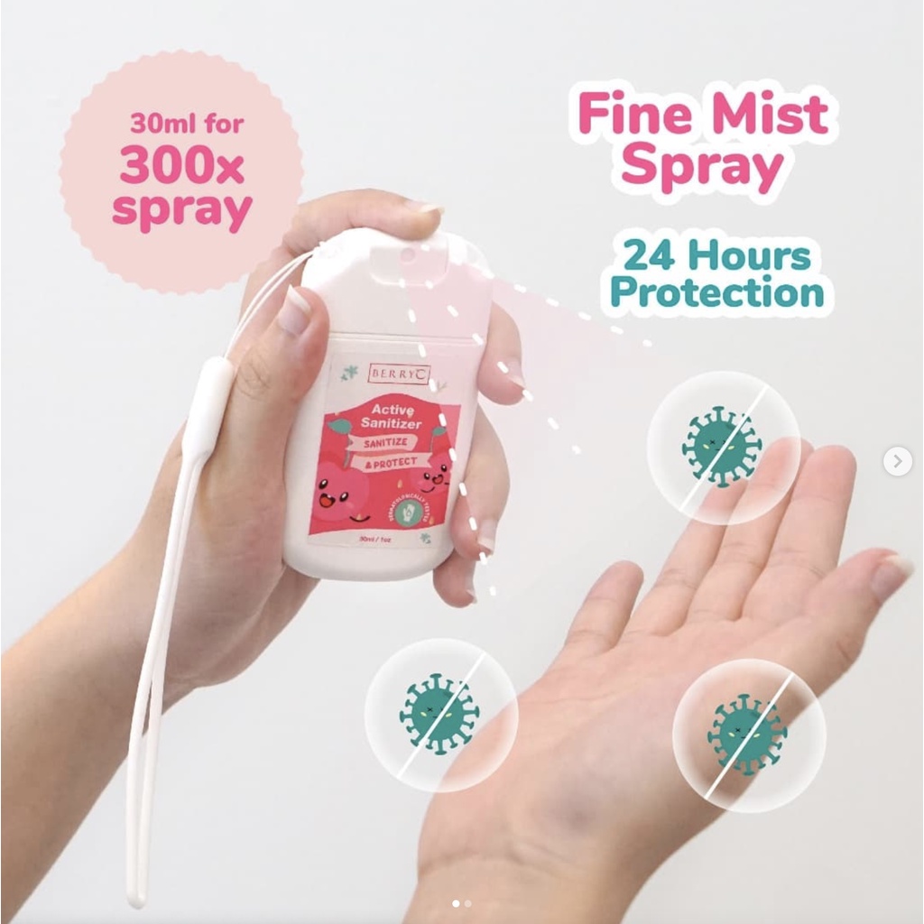 BerryC Mini Active Sanitizer Spray 30ml Natural Food Grade Pocket Travel Size Hand Antiseptik Aman Bayi Anak Alat Makan QAC Non Alkohol Alcohol Bag Charm Kecil Semprot Disinfectant Isi Ulang Refill Strap Tali Chamomile Vanilla Floral Organik Harum HFMD