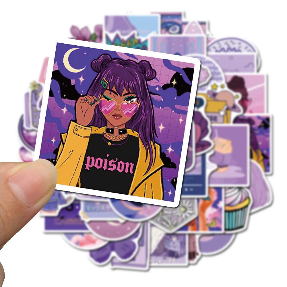 【COD Tangding】50pcs/set Purple Cute Girl Cartoon Hand Account Stickers INS Laptop Suitcase Waterproof Stickers