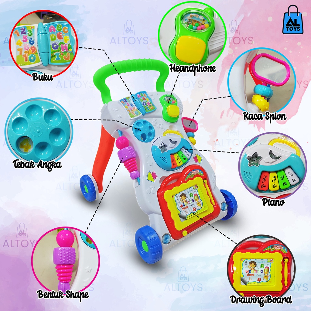 Push Baby Walker Music Dengan Mainan Anak Piano / Drawing Board / Bentuk Shape / Untuk  latihan jalan Bayi Bahan Aman dan Kuat AU02