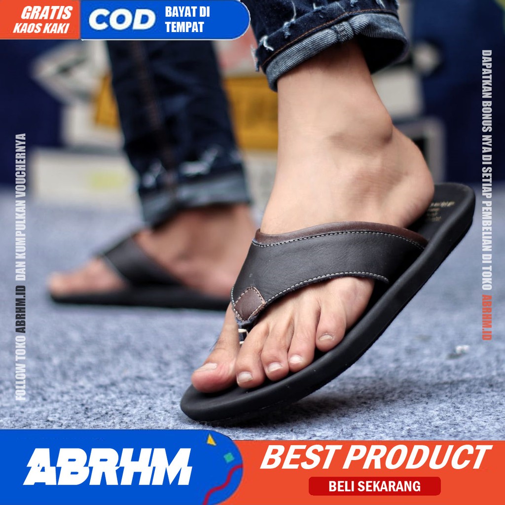 ABRHM X LIGHT Sandal Jepit Pria Sandal Pria Kulit Asli Sandal japit Cowok / Cowo Ori Keren kekinian