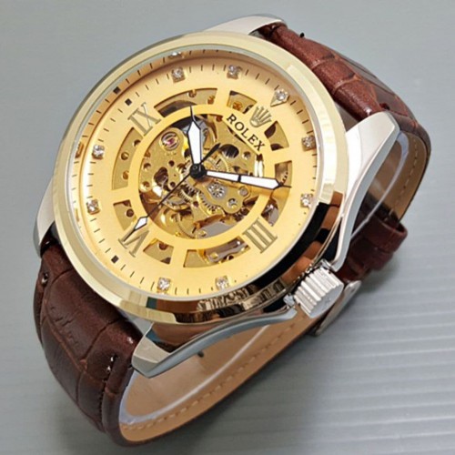 Jam Tangan Pria fashion arloji pria cowok Rolex Automatic Transparan Tali Kulit murah berkualitas