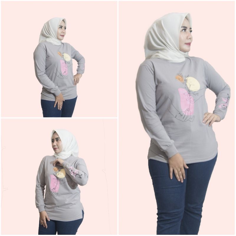 Kaos Lengan Panjang Wanita Motif Casual Hijab Terbaru Warna Abu style Zolaqu