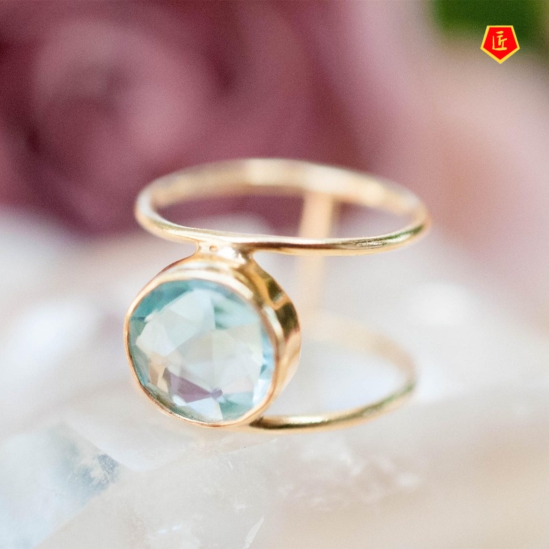 [Ready Stock]Simple Elegant Sea Blue Topaz round Diamond Ring 18K Gold