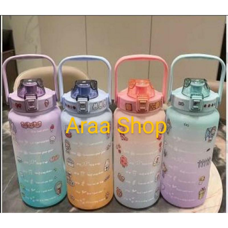 Botol Air Minum Transparan Warna 2 Liter & 1,3 Liter 2000ml-1300ml+Sedotan,Tali,Stiker 2D 3D/Botol M