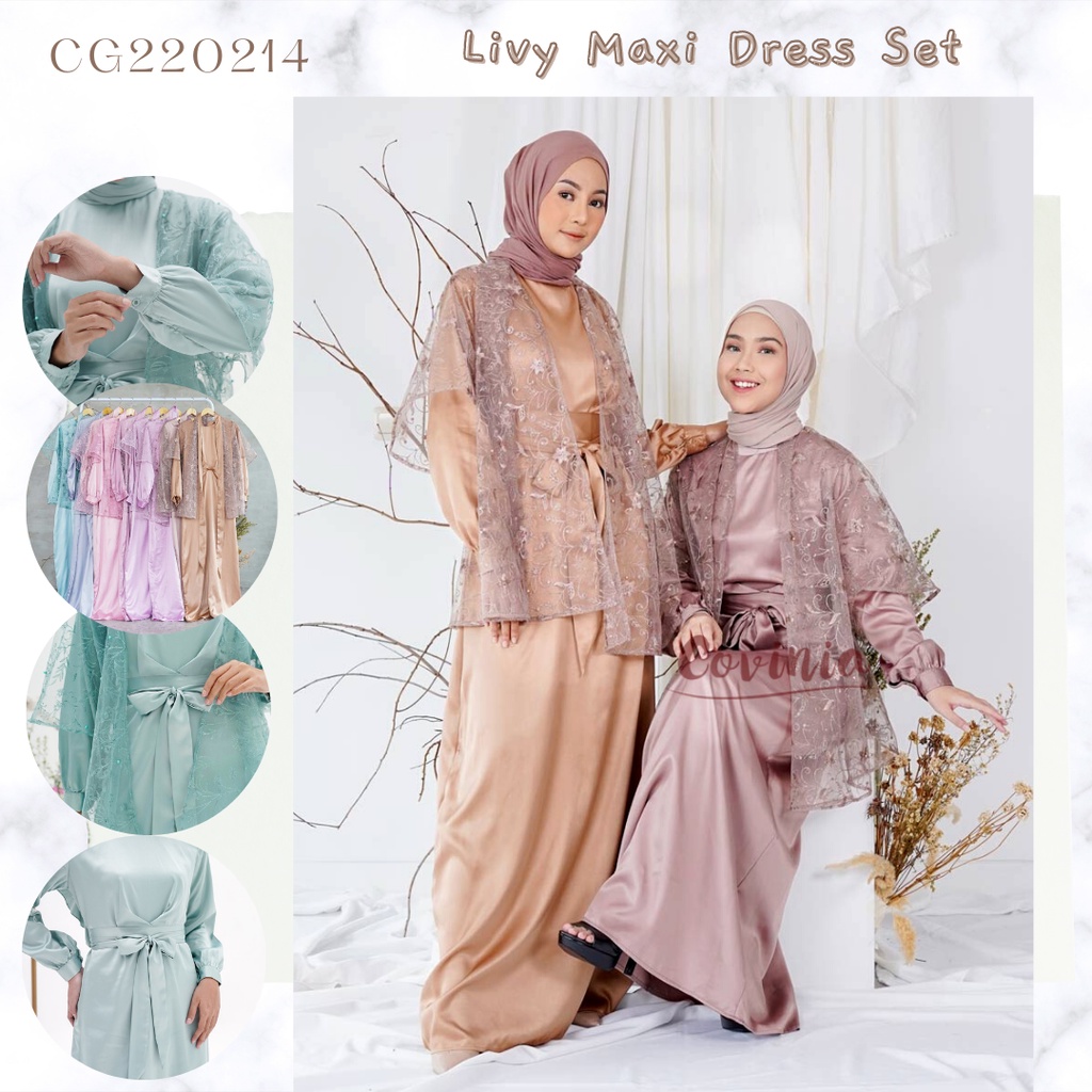 Livy Maxi Dress Set Outer Aqila Long Tied Premium Dress Satin Silk plus Leaf Lace Outer - CG220214 [