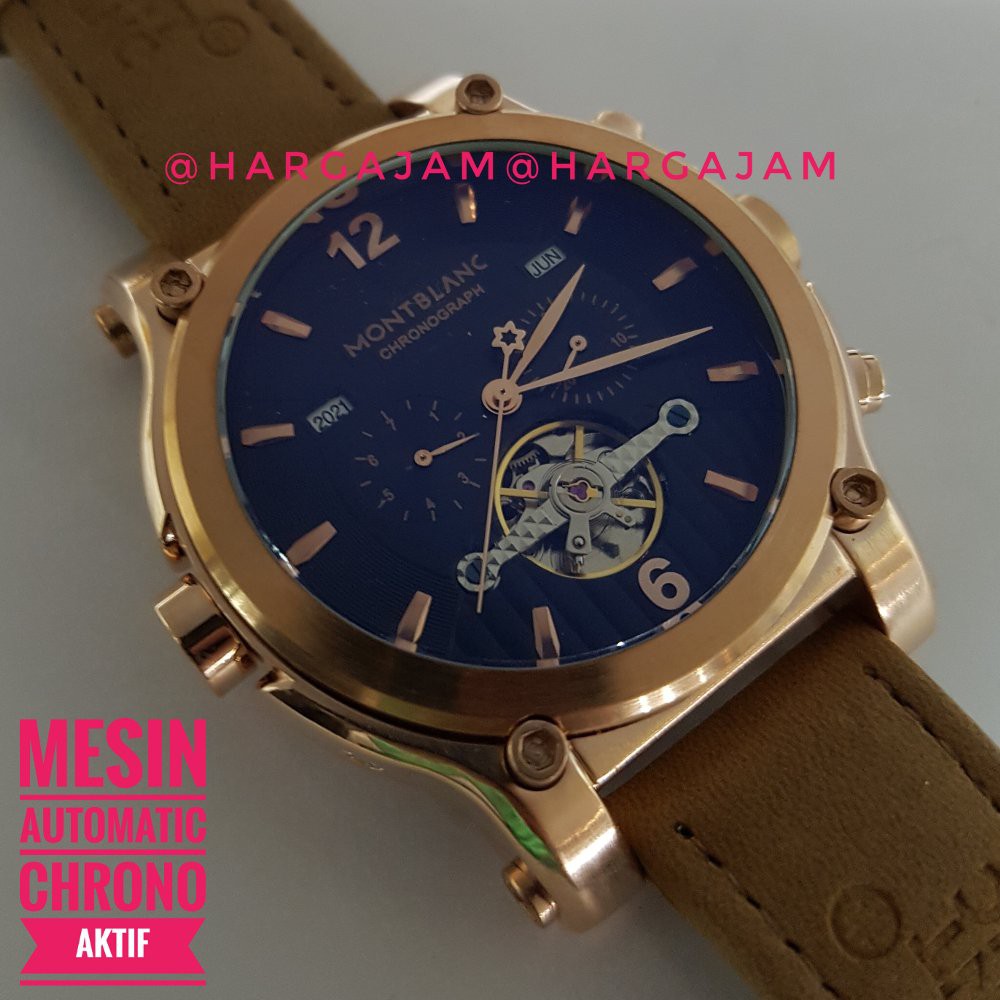 Jam Pria Automatic Montblanc Case Black Rose Gold M2232 Leather Soft Brown - Kulit Coklat - jam ma