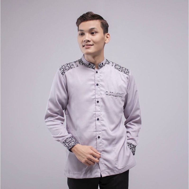 Baju Koko Lengan Panjang Kombinasi Batik Original Elrumi Toyobo Premium Slimfit Casual Warna Maroon