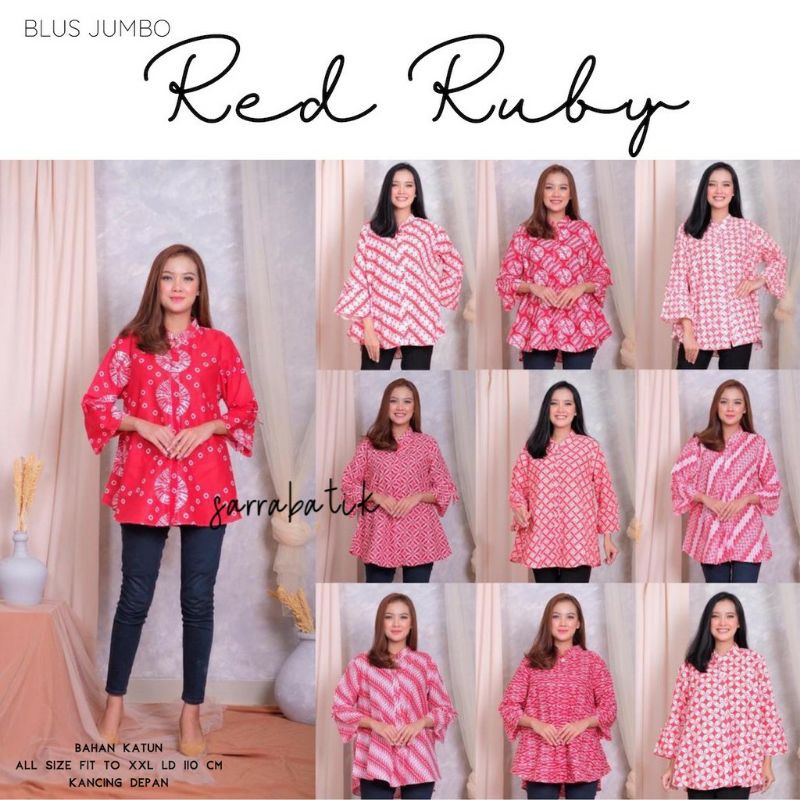 Blus Jumbo Red Ruby Merah Delima Baju Batik Kantoran Wanita Casual Formal Seragaman Kondangan Katun