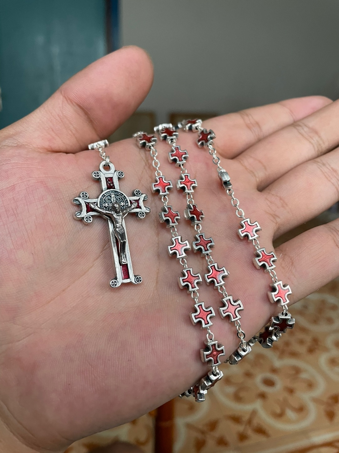 Rosario Metal Zamak  St.benedict Bentuk Salib 8mm Rohani Katolik