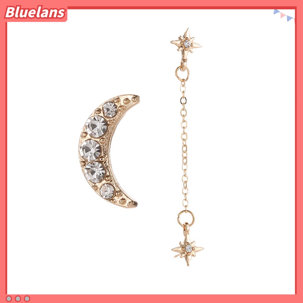 Bluelans 2Pcs Earring Vintage Moon Star Chain Rhinestone Alloy Unique Ear Stud for Women
