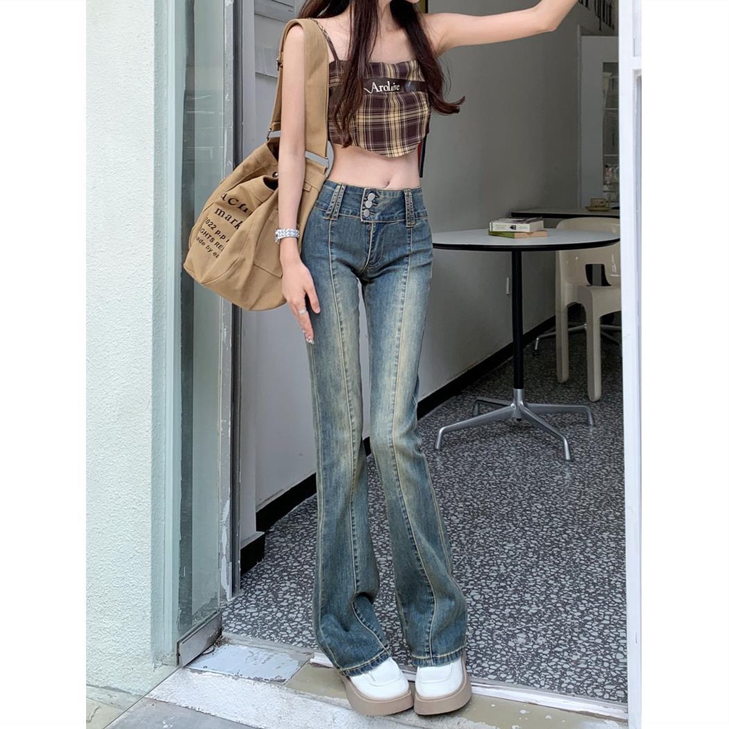 Red Hot Girl Retro Stretch Jeans Wanita Musim Panas Lurus Pria Kecil All-Match Slim Mengepel Micro-flare Celana Celana