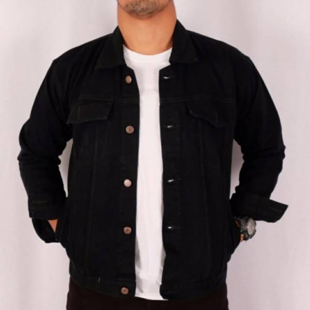 Jaket Jeans Polos Hitam Pekat Pria jin cowo Model Kerah Jaket Jeans Polos Hitam Pekat Pria jin cowo Model Kerah