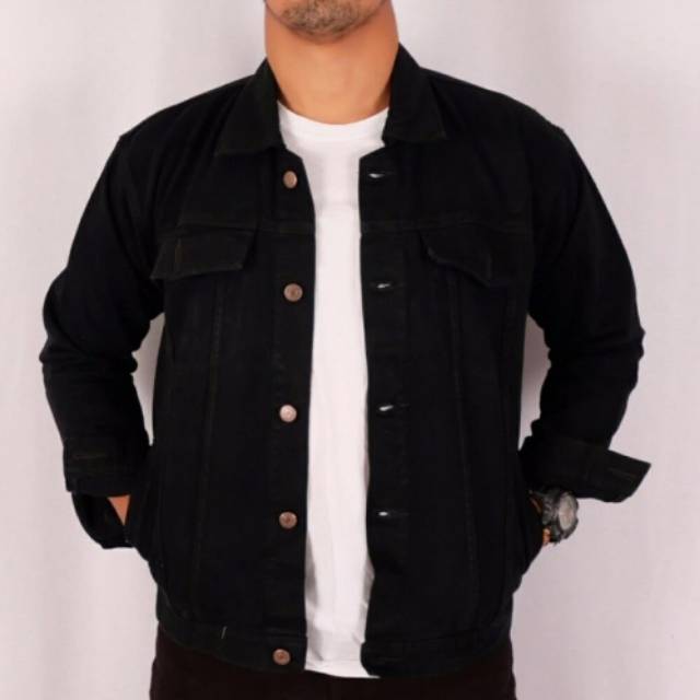  Jaket Jeans Polos  Hitam Pekat Pria jin cowo Model Kerah 