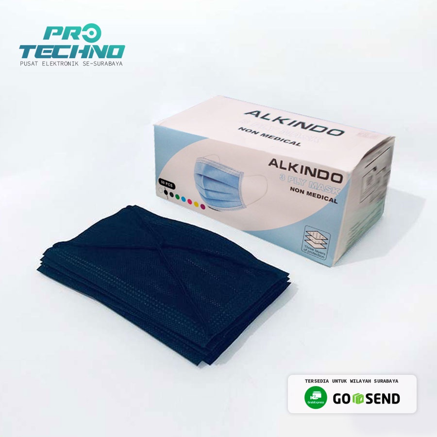 MASKER 3 PLY HITAM - Alkindo Earloop 1 Box - 50 Pcs