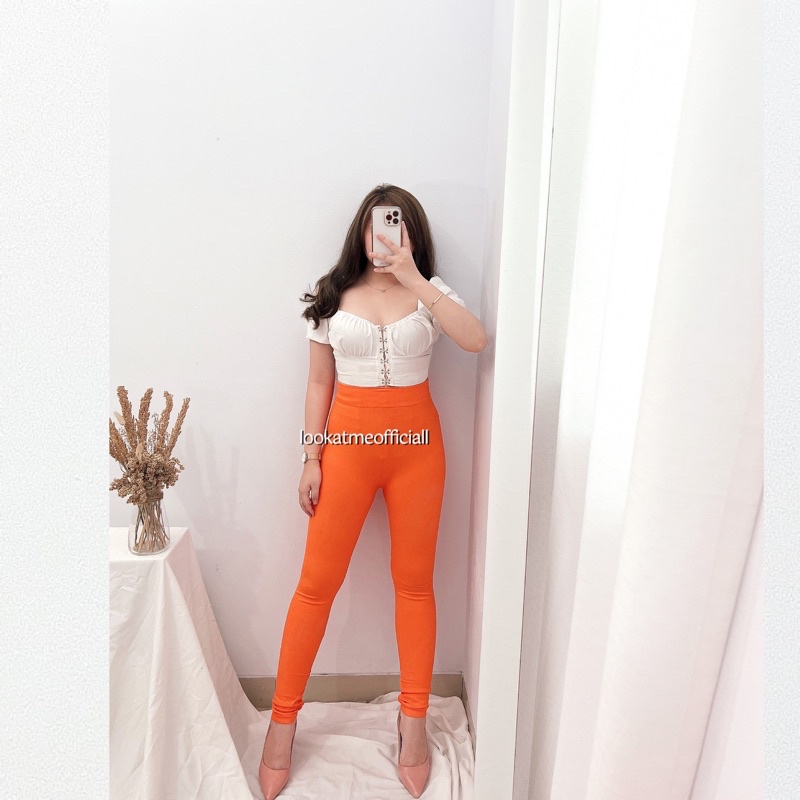 Lookatmeofficial • {20+ WARNA} Legging HW Basic Polos Premium Import Tebal Fit to S-XXL Jumbo-Orange