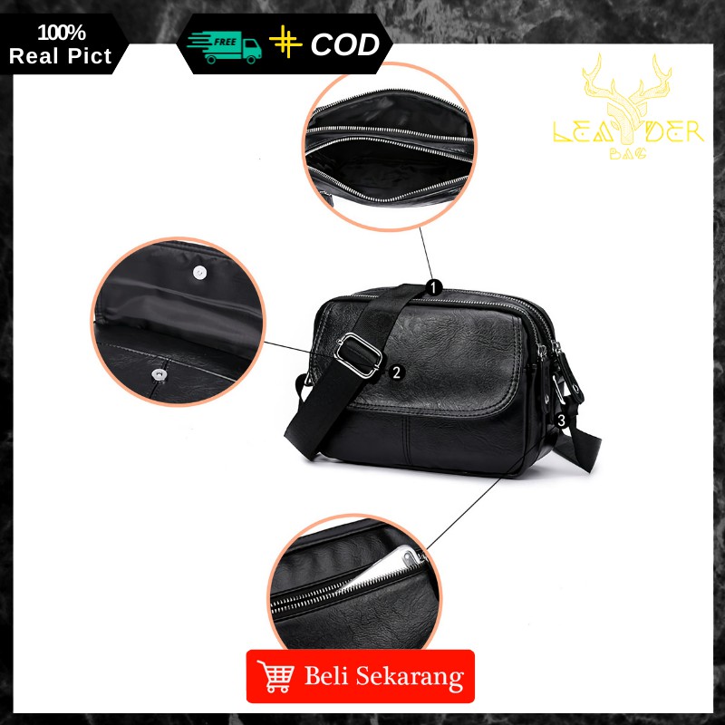 Tas Selempang Kulit Cowok Distro Model Terbaru Warna Hitam Atau Tas Kulit Pria Import Waterproof