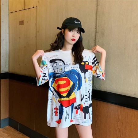 VS - Kaos import T-Shirt Wanita dengan Model Potongan Longgar dan Gambar Motif Graffiti Korea