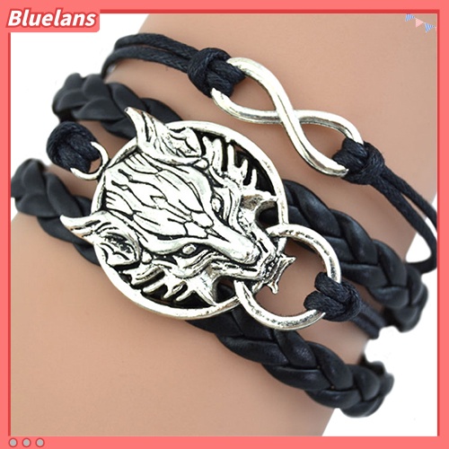 Bluelans Women Retro Wolf Head Charm Infinite Braided Faux Leather Wax Cord Bracelet