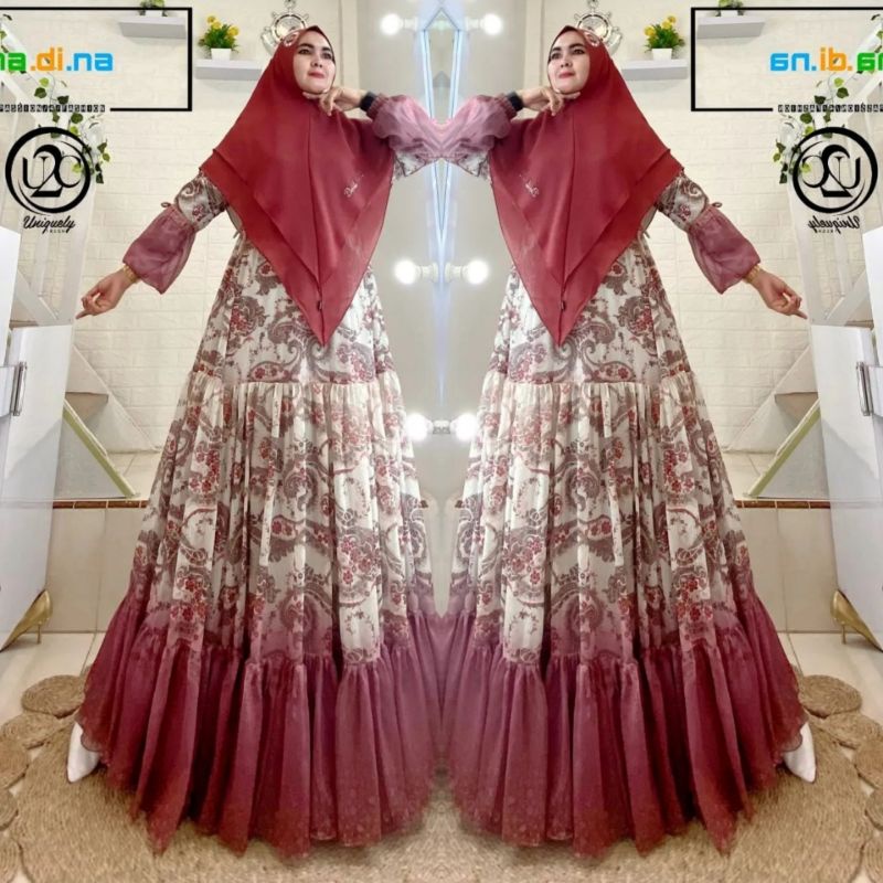 gamis syari set khimar merah dusty kalem alina keren cantik mewah pesta kondangan lebaran printing b