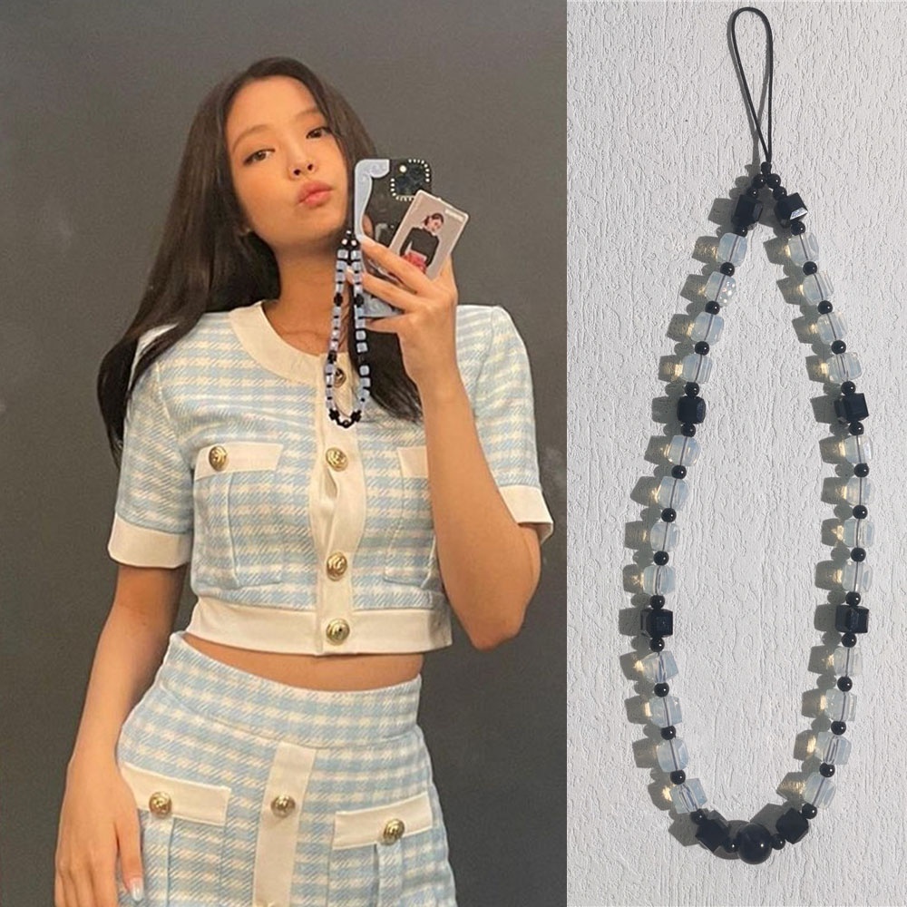 Jennie Tali Lanyard Manik-Manik Akrilik Anti Hilang Warna Putih Untuk Aksesoris Handphone