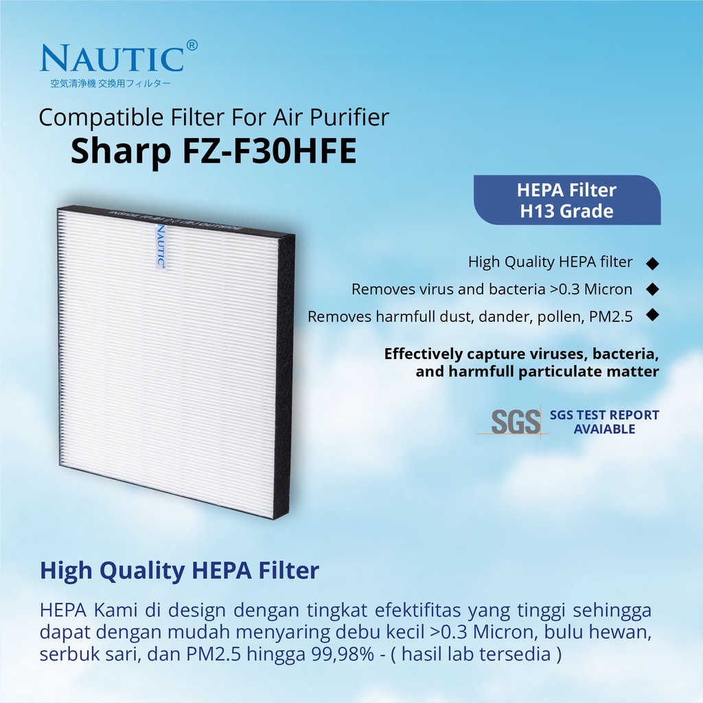 Filter HEPA untuk Air Purifier Sharp FP-GM30Y / FP-JM30Y / FP-J30Y / FP-F30Y / KC-F30Y / Fu-A28 / FZ-F30HFE