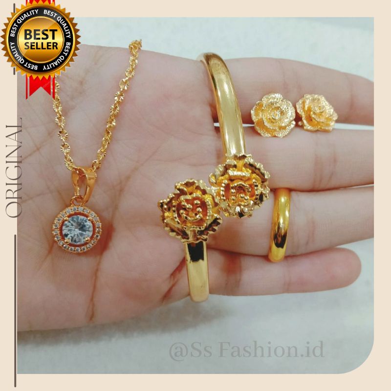 set perhiasan wanita motif bunga anti karat anti luntur