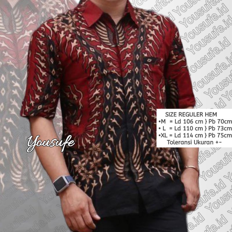 Batik Pria Lengan Pendek Motif Bernekel Merah halus Katun Seragam tidak luntur nyaman Shopee Cod