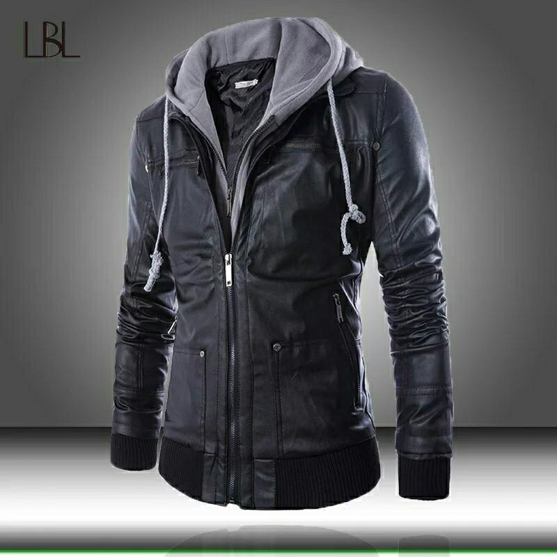 JAKET KULIT PRIA HOODIE SLIM FIT
