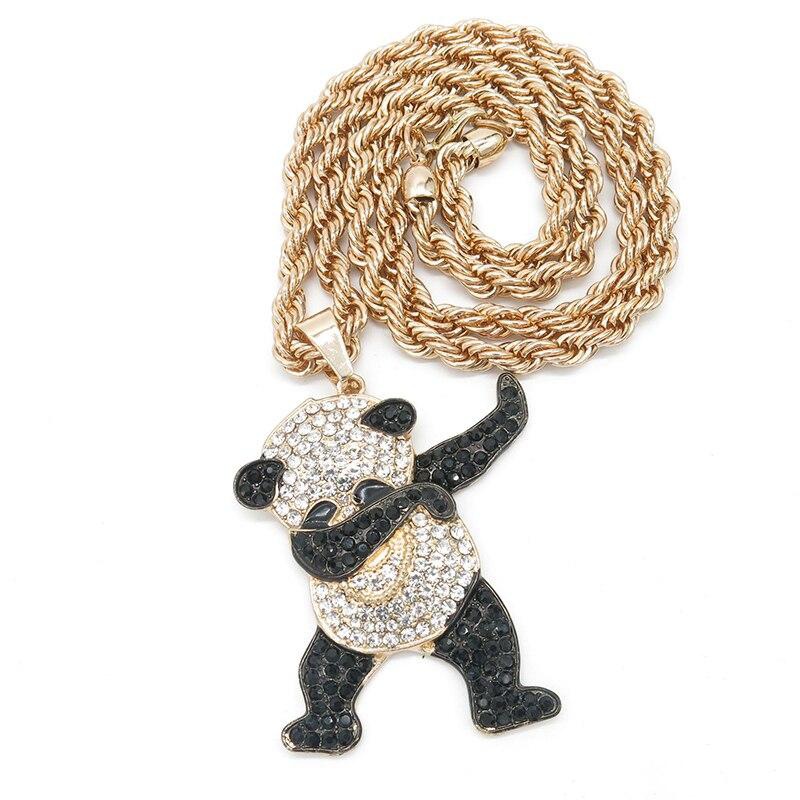 Kalung Liontin Desain Panda Aksen Berlian Warna Emas Gaya Hip Hop Rock Untuk Pria