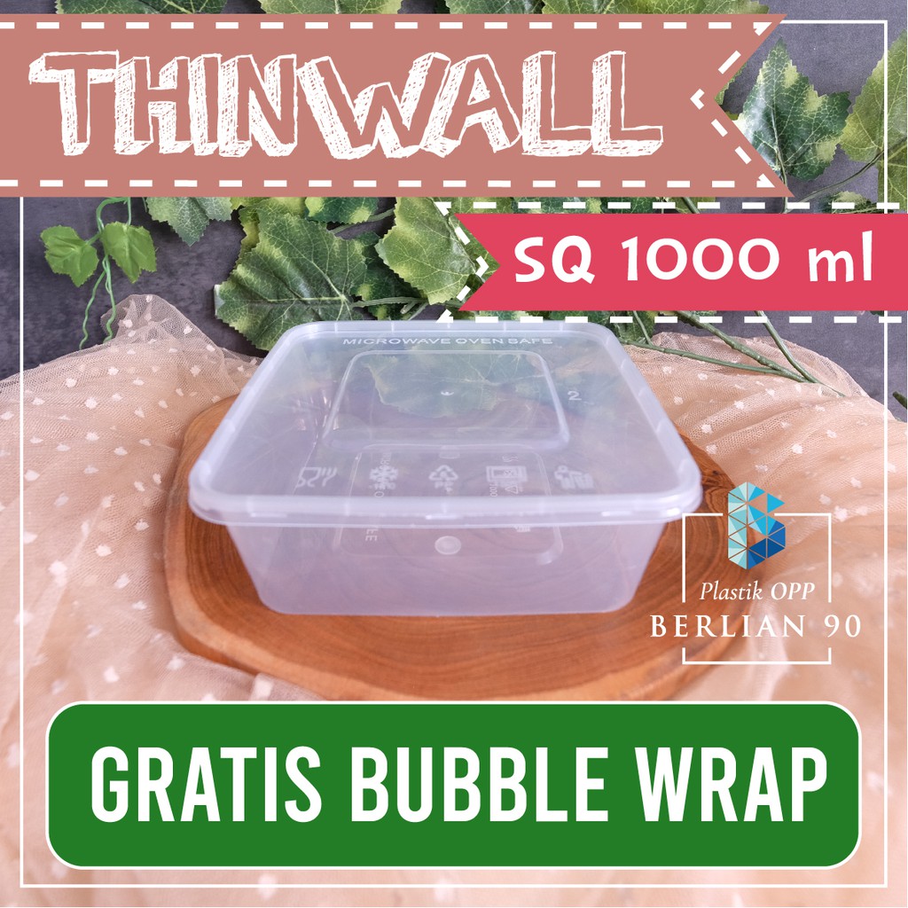 Thinwall 1000 ml Square Box Kontainer Wadah Makanan Plastik Free Bubble Wrap