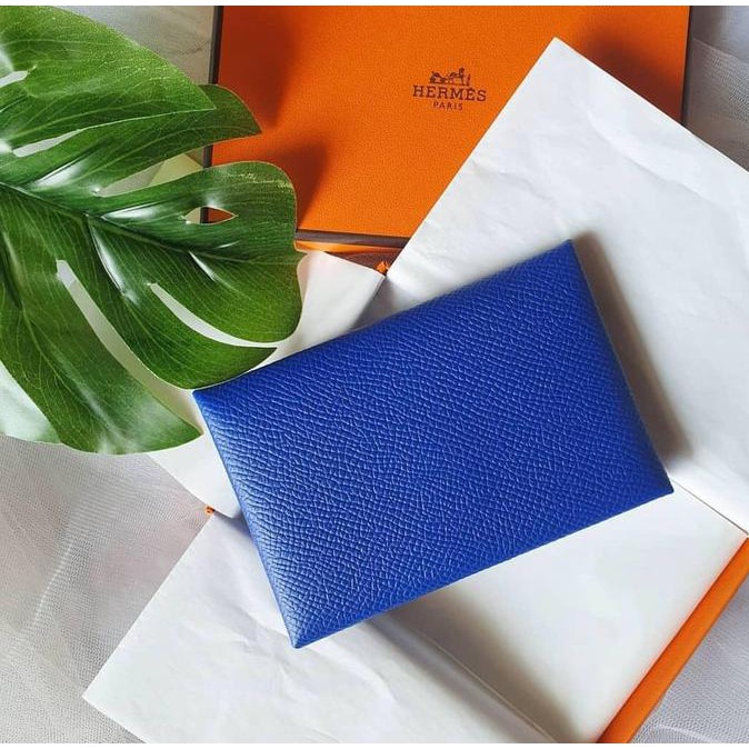 Pre-Owned Hermes Calvi Duo Card Holder Wallet Green Tinged with Blue Color