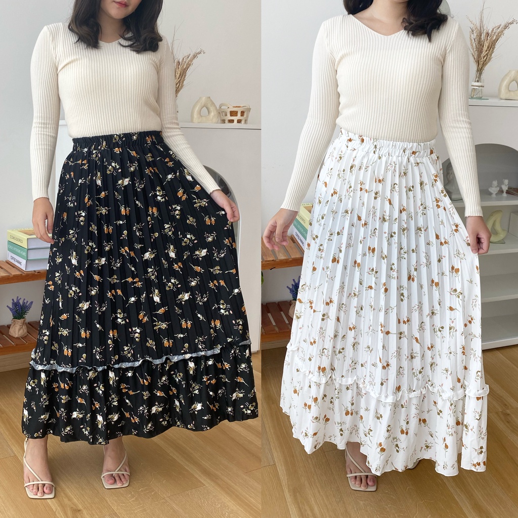 CLAIRE - ROK PLISKET SUSUN MAXI MOTIF BUNGA BAHAN HYGET PREMIUM