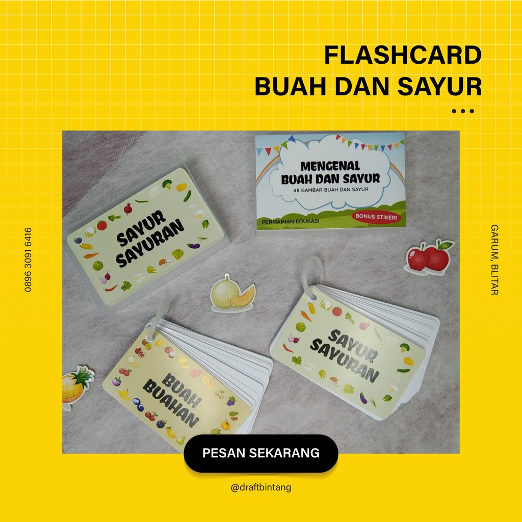 

PERMAINAN EDUKASI ANAK : FLASHCARD BUAH DAN SAYUR (GAMBAR BOLAK-BALIK COCOK UNTUK TEBAK-TEBAKAN)