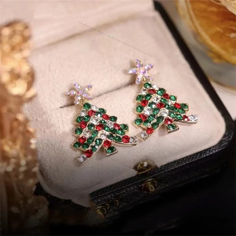 1 Pasang Anting Stud Zircon Kristal Berlian Imitasi Bentuk Pohon Natal Gaya Vintage Untuk Wanita