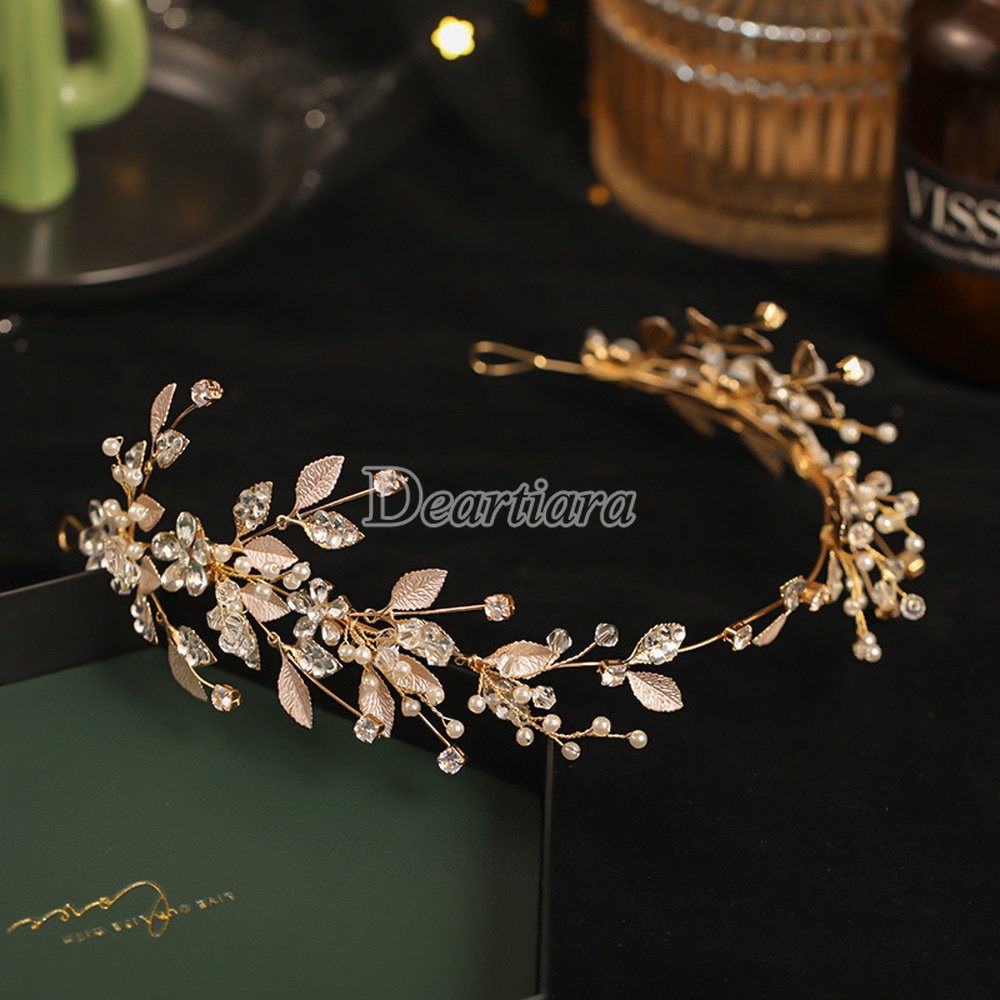 Original Bridal Headgear European and American Leaf Crystal Headband Earrings Set