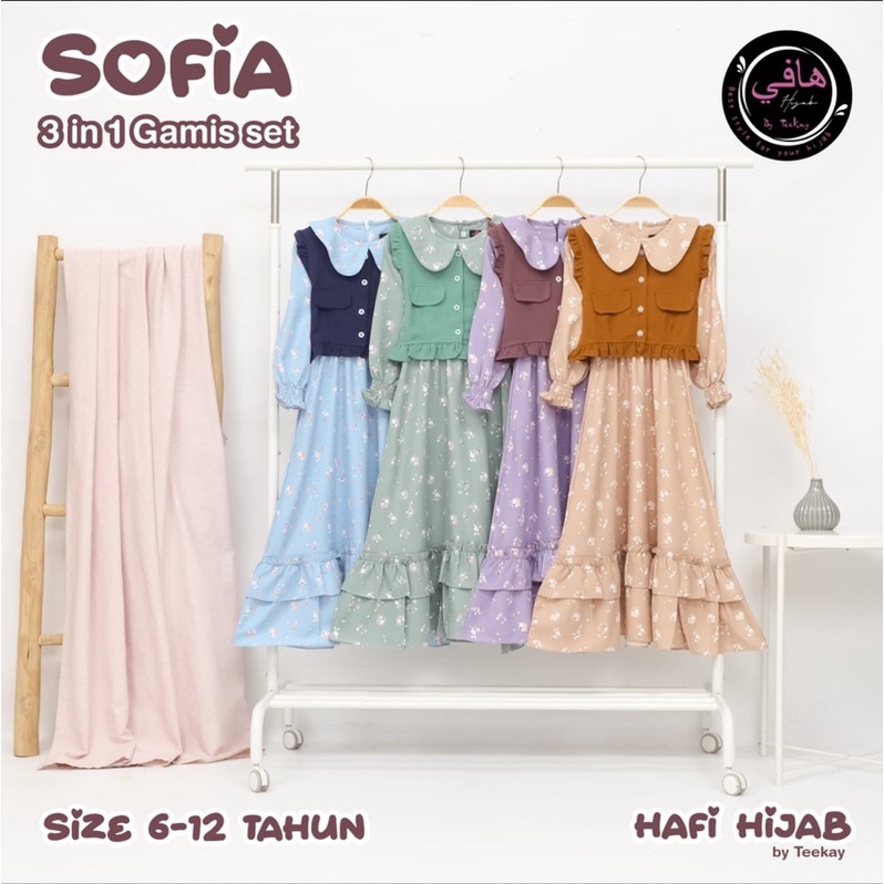 Gamis Set Sofia Anak Perempuan - Dress Jilbab 3 in 1 Cewek Lucu Nyaman - Dres Panjang Hijab Khimar Usia 6 8 10 12 Tahun