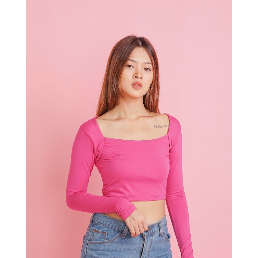 MODAVIE - LAURA Longsleeve Square Crop Top Korean Style Baju Atasan Wanita Lengan Panjang Crop Tee