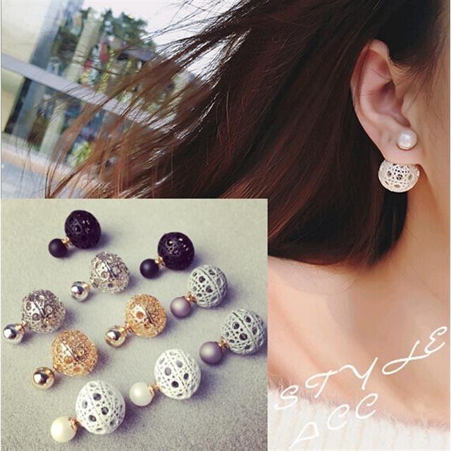 Versi Korea Retro Fashion Berlebihan Indah Berongga Besar Kecil Bulat Dua Sisi Anting Mutiara Berkelas Perempuan Earrings Aksesoris