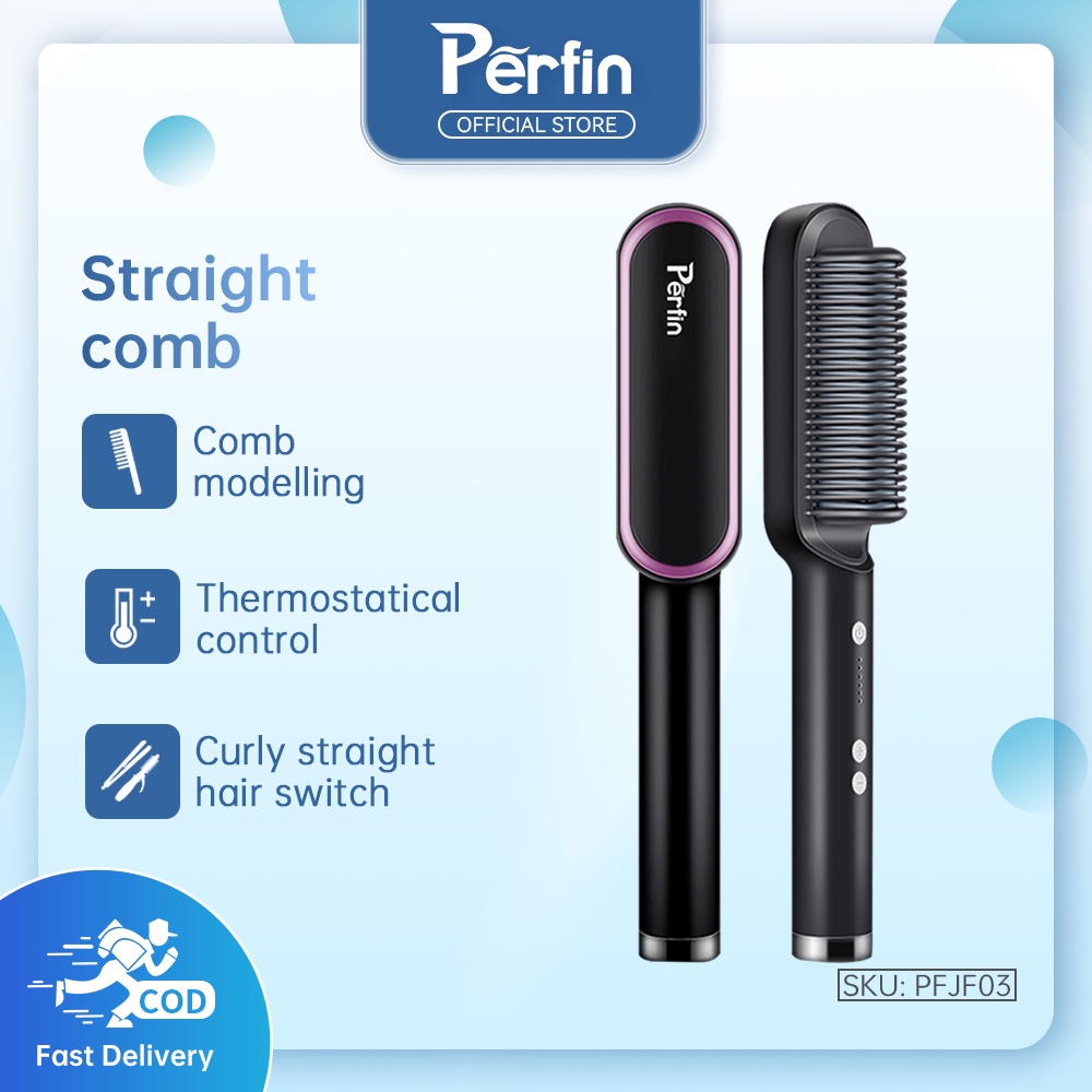 Perfin PFJF03 Alat Catok Rambut 2 in 1 Catok Sisir Listrik Pelurus Rambut Hair Straightener Curler