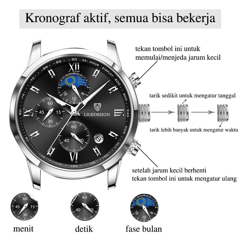 LIGE 8953 Jam Tangan Pria Original Fashion Tali Kulit Anti Air Kronograf aktif Sports Jam Tangan