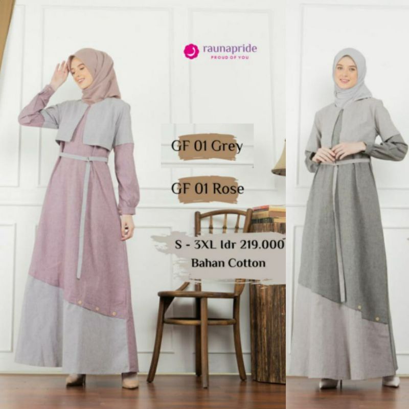 GAMIS MUSLIMAH KATUN DEWASA &amp; ANAK REMAJA ORI RAUNA GF 01 ROSE &amp; GF 01 GREY ABU | SARIMBIT KELUARGA RAUNA | GAMIS BAHAN KATUN RF 01 ROSE GREY | RF01 ROSE GREY | GAF01 ROSE GAF01 GREY| GAF 01 ROSE GREY