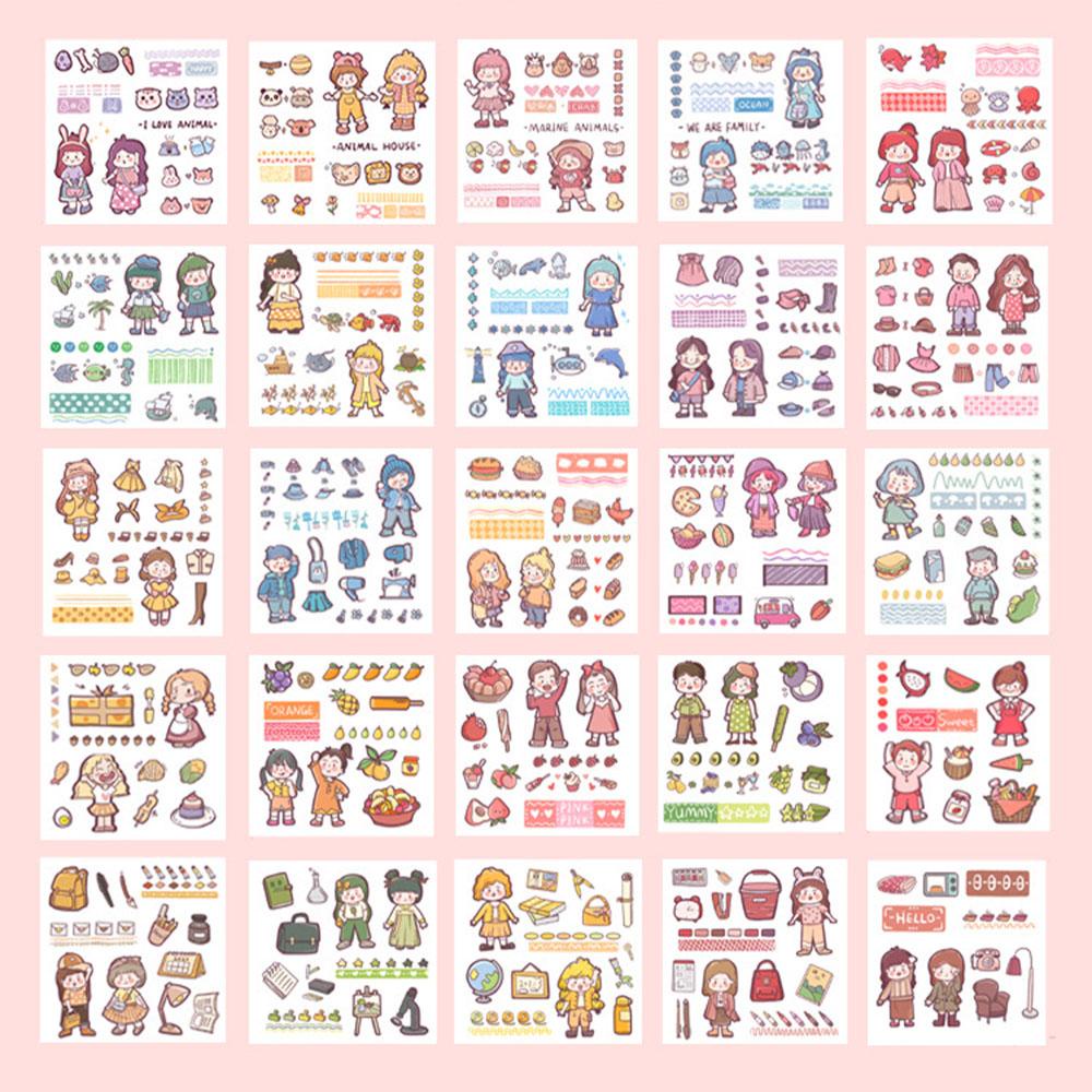 Agustinina Kawaii Stiker Set 200lembar/Box Kotak Hadiah DIY Scrapbooking Tahan Air Minum Makanan Hewan Perempuan Pola PET Perekat Decals