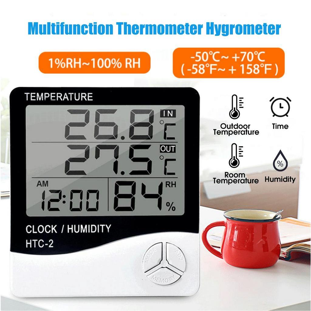 HTC-2 Thermometer Hygrometer Digital Higrometer Termometer Ruangan Clock Temperature Humidity