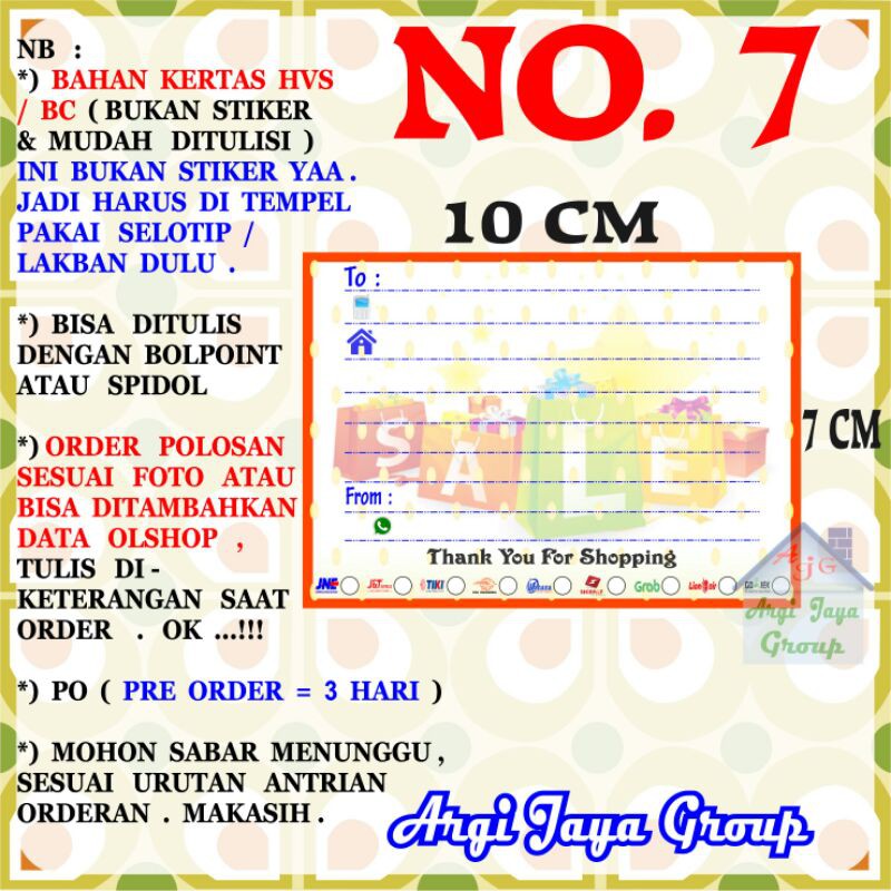 

Label Pengiriman Alamat Olshop Murah Nomer 7 - 10x7cm - Kertas BC (Manila)