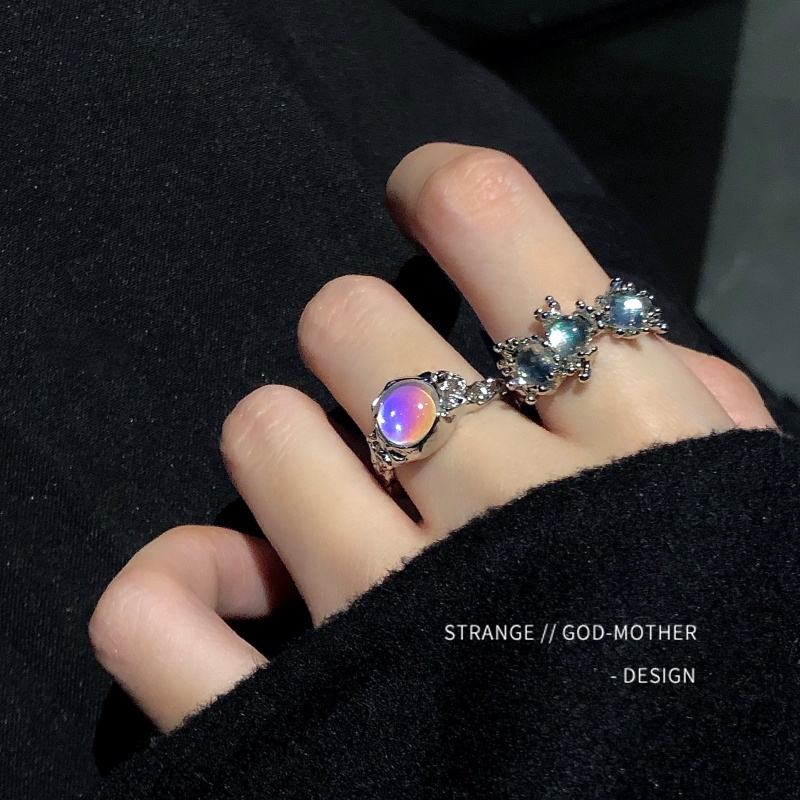 AY(CN) Cincin Silver Desain Bintang Hias Kristal Opal Asimetris Untuk Wanita