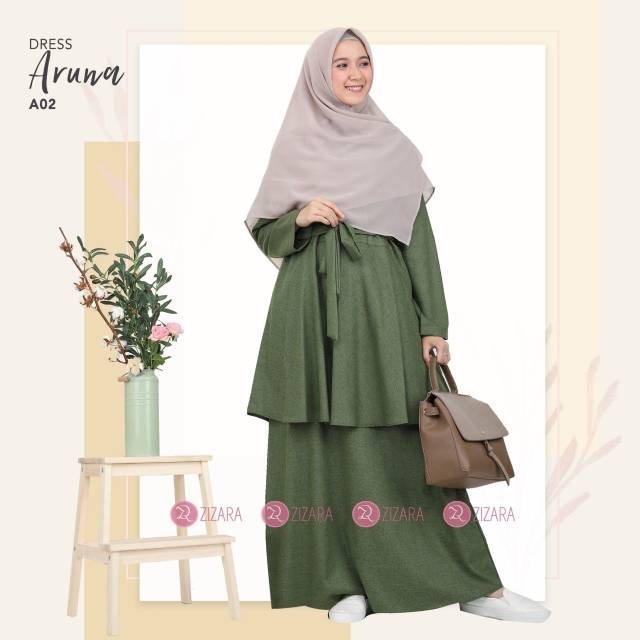 Gamis Aruna Dress Kode A02 Warna Hijau Green By Zizara Busui Syari Cantik Elegan Untuk Kerja Ngantor